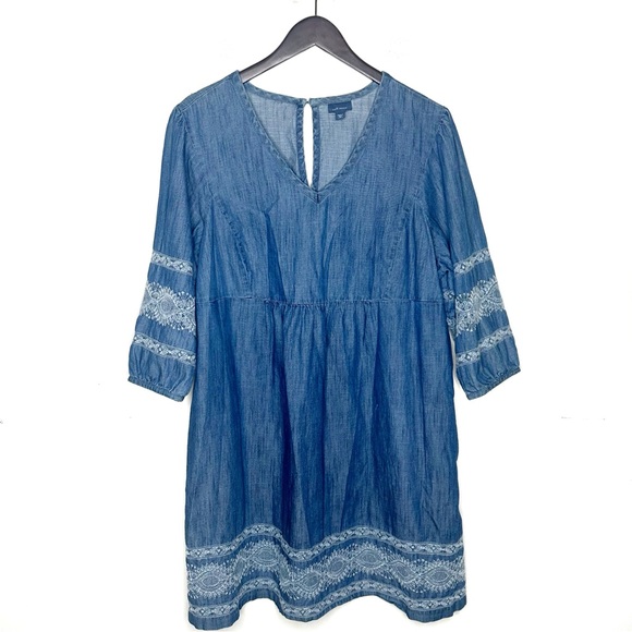 J Jill Denim Embroidered Blue Chambray Dress Cotton Boho Coastal Casual - Picture 2 of 11